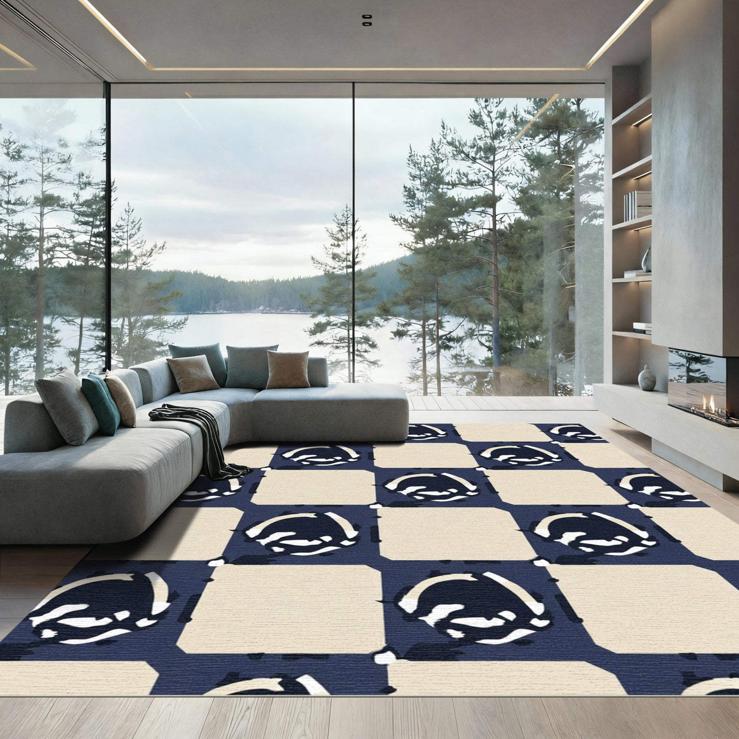 Navy Beige Abstract Chessboard Rug