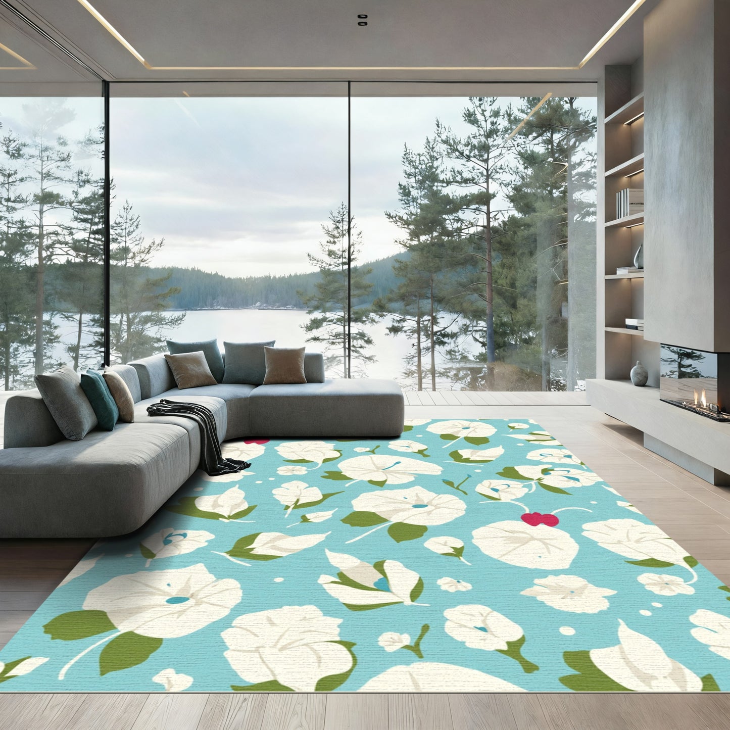 Aqua Blue White Floral Vine Rug