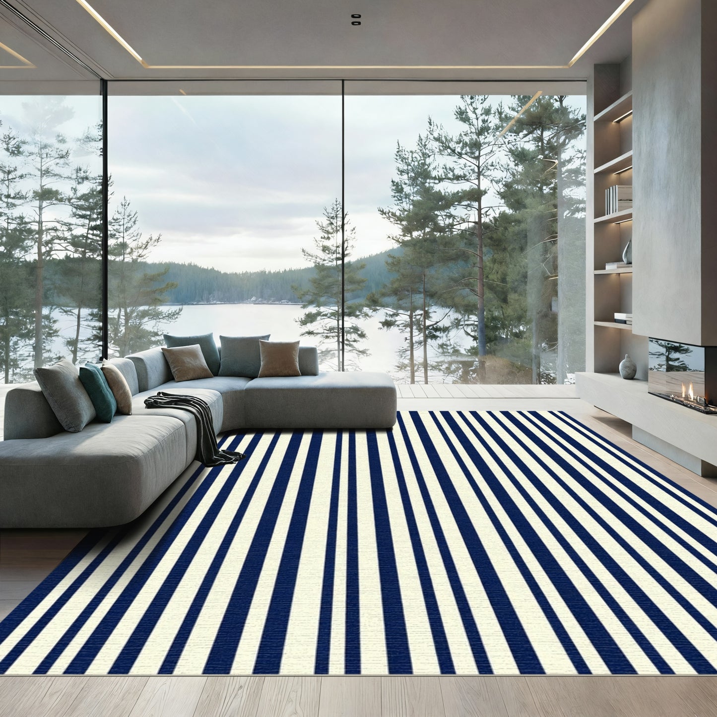 Cream Navy Vertical Stripe Rug