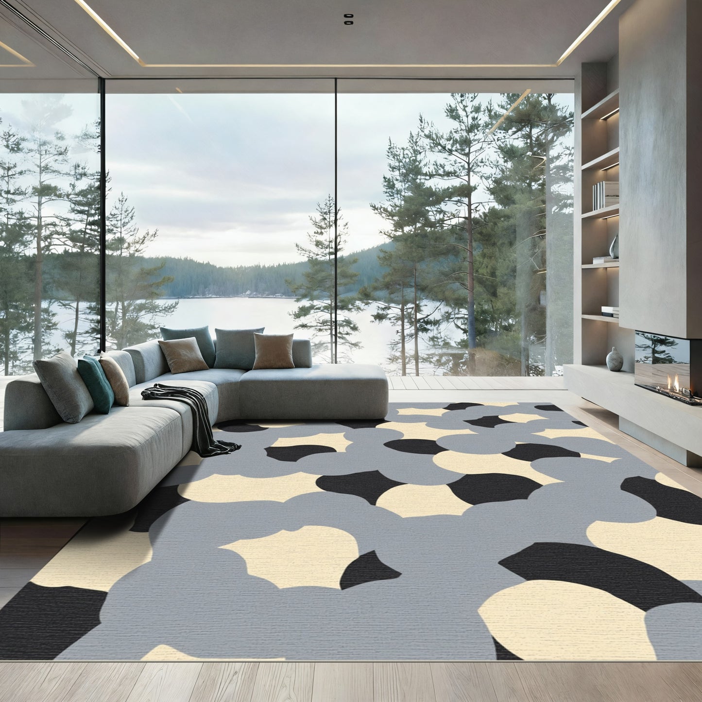 Grey Cream Black Organic Blobs Rug