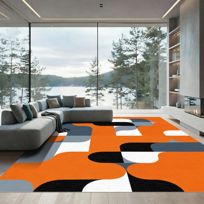 Bold Orange Black Geometric Flow Rug