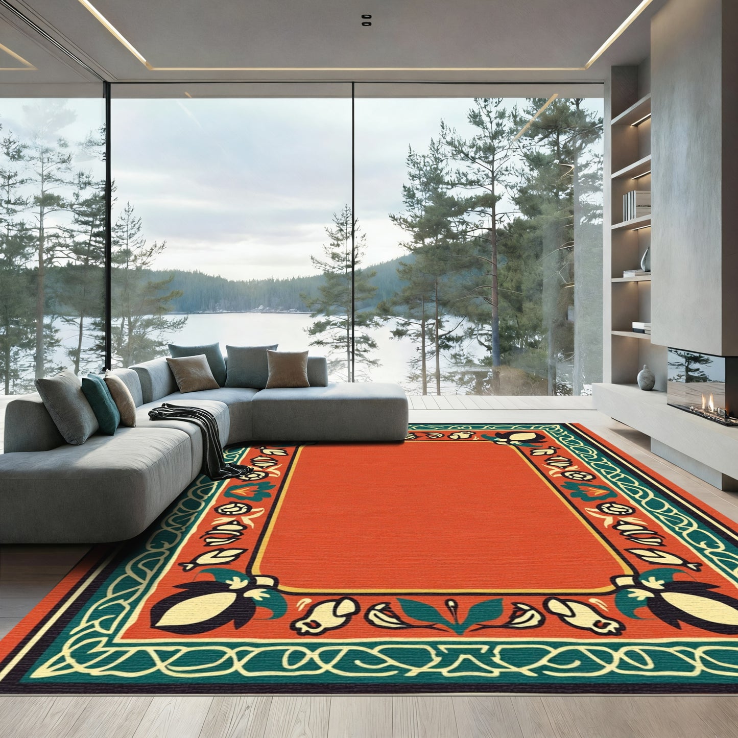 Orange Red Floral Medallion Border Rug