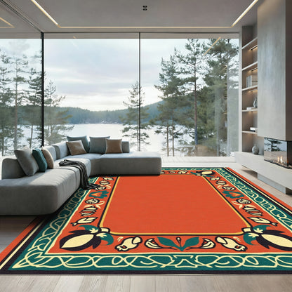 Orange Red Floral Medallion Border Rug