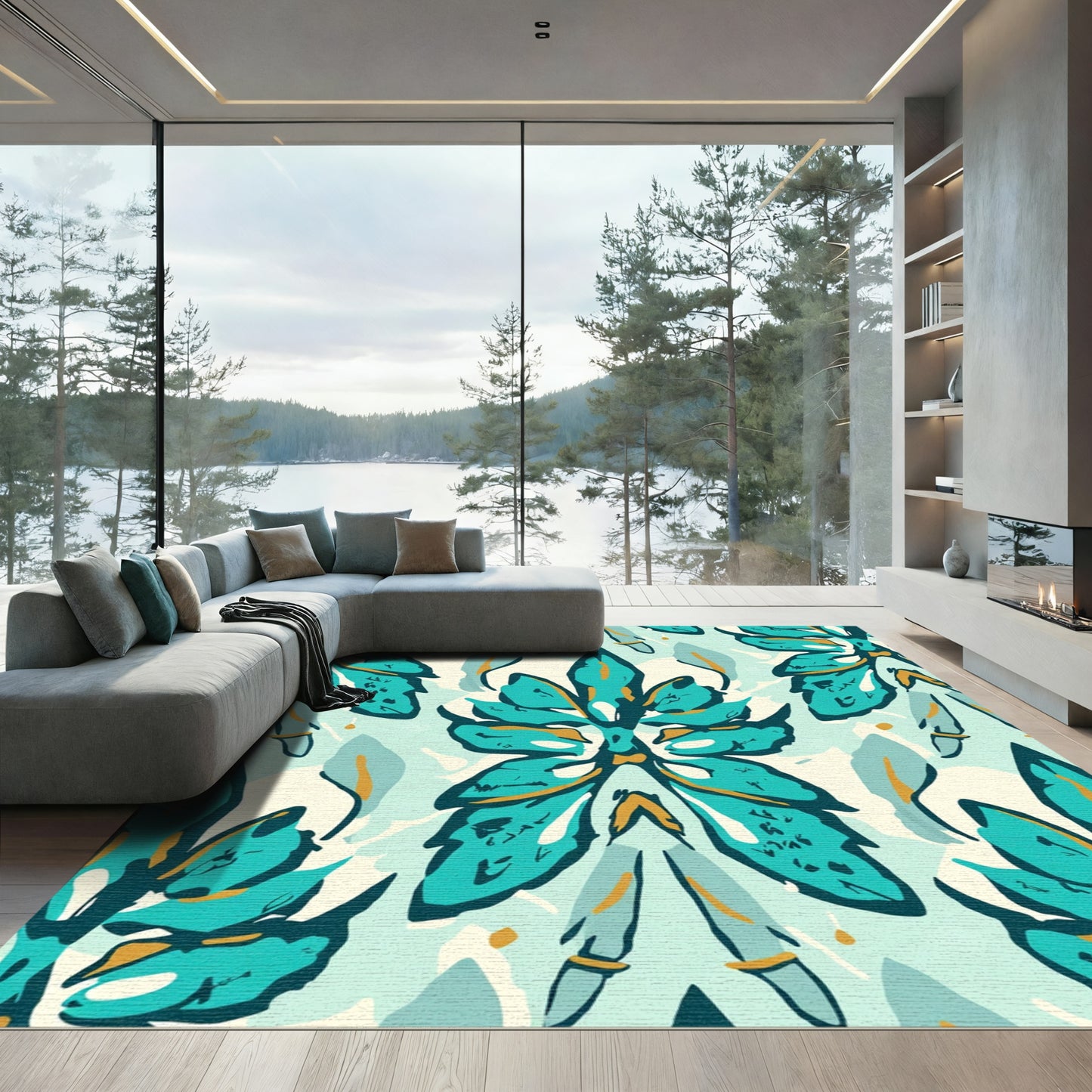 Teal Teal Floral Medallion Composition Rug