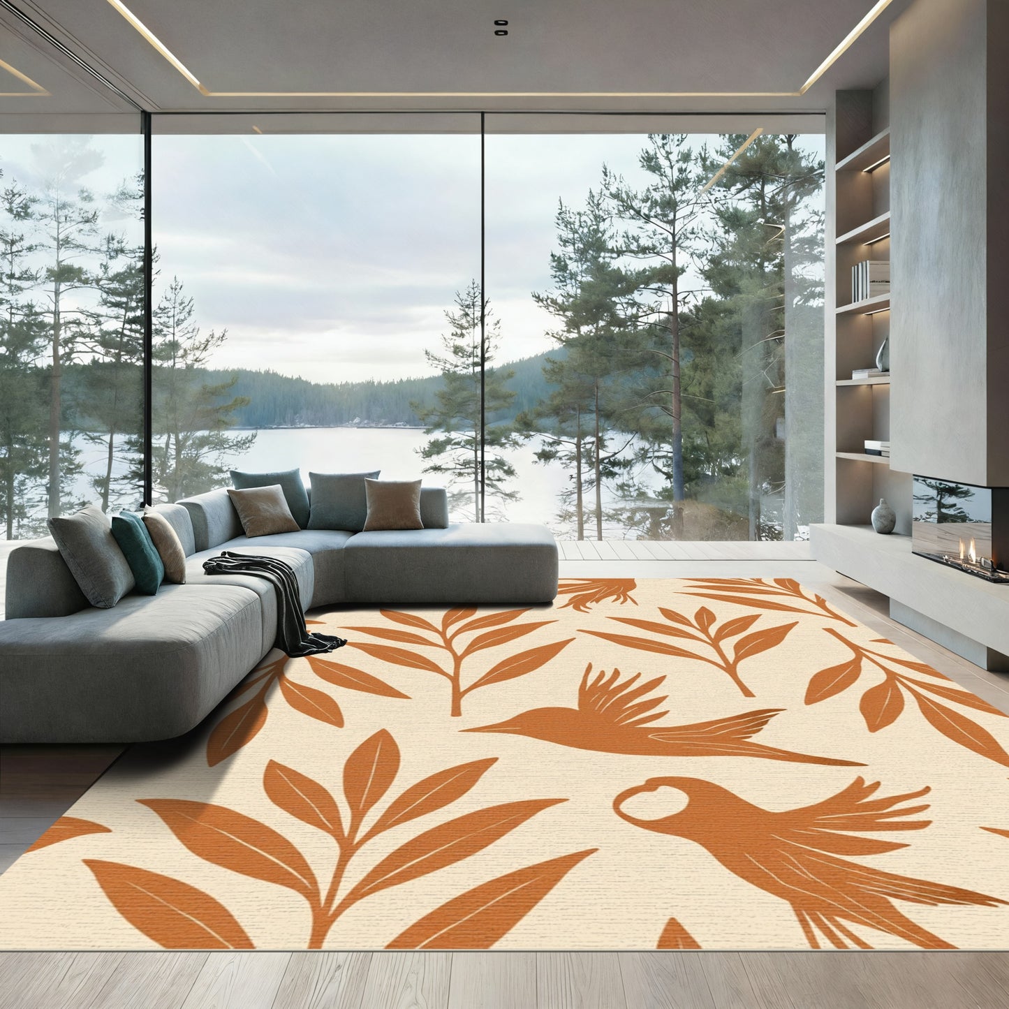 Terracotta Birds Fern Branches Rug