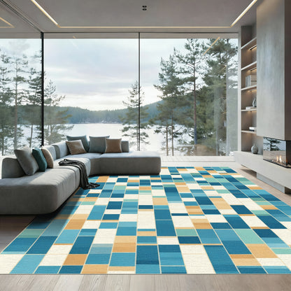 Abstract Blue Golden Brown Rectangle Mosaic Rug