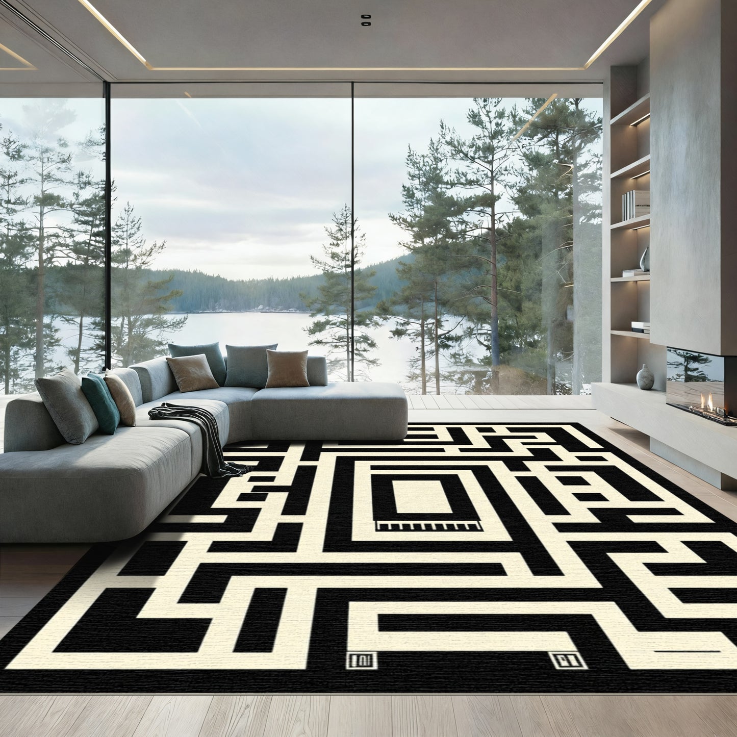 Bold Black Cream Maze Geometric Rug