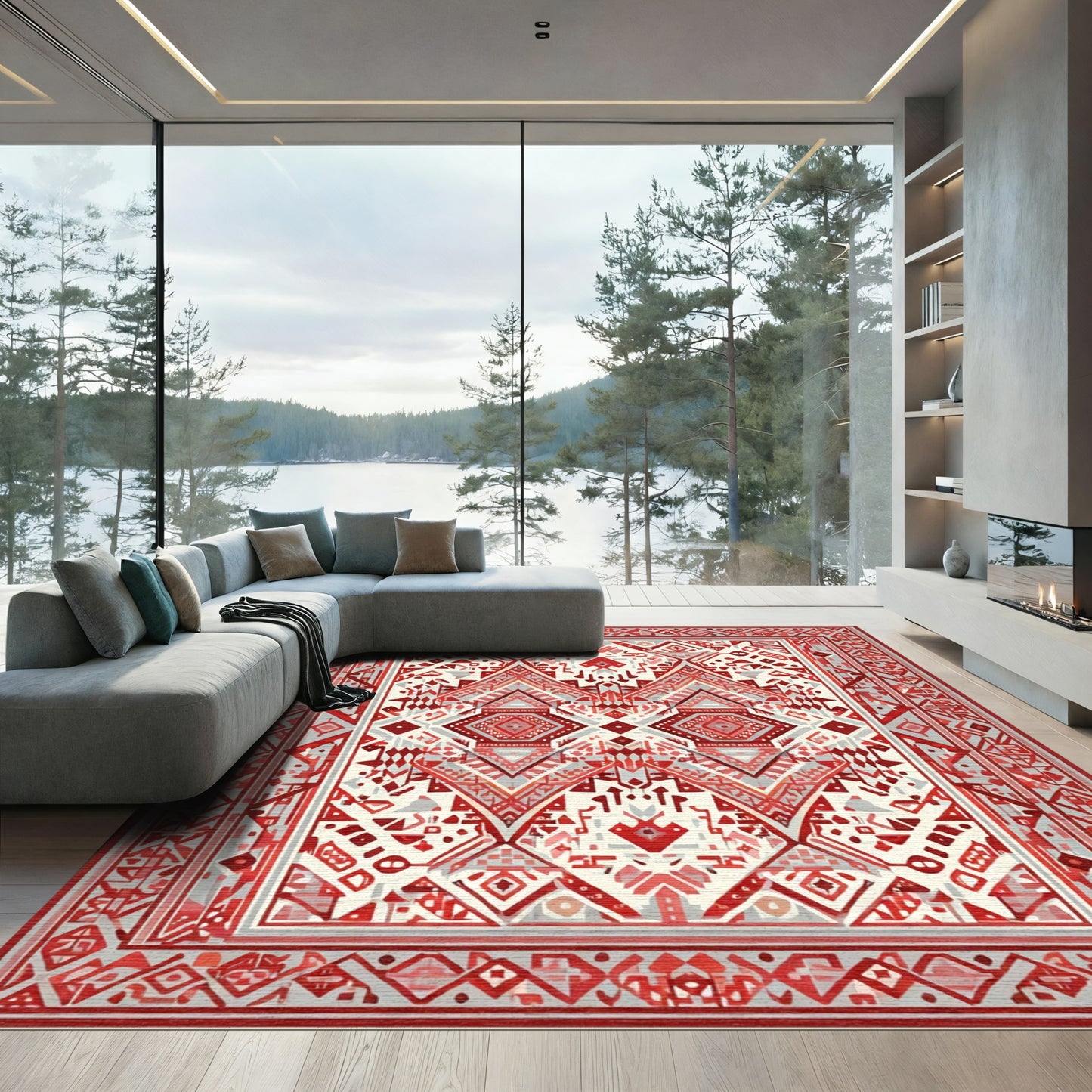 Red Geometric Diamond Tribal Medallion Rug