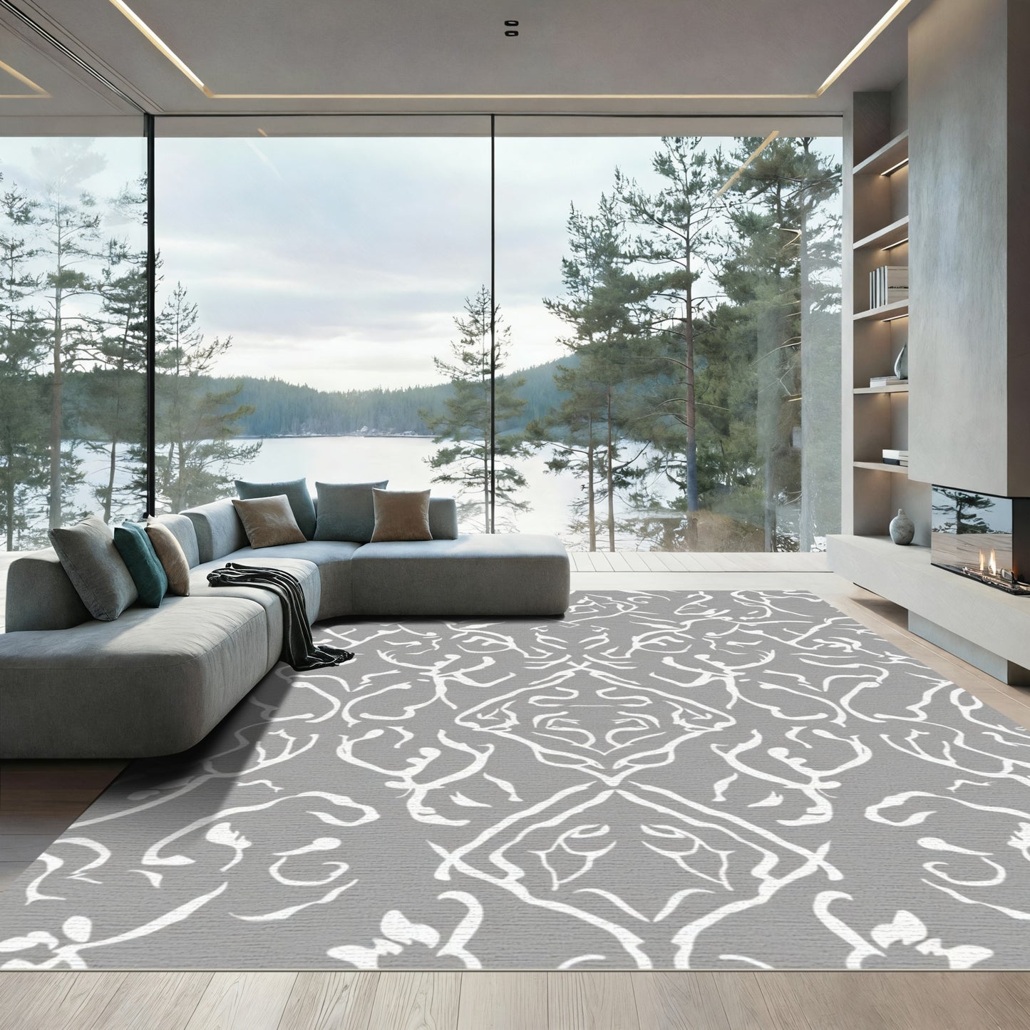 Gray White Organic Scroll Damask Rug