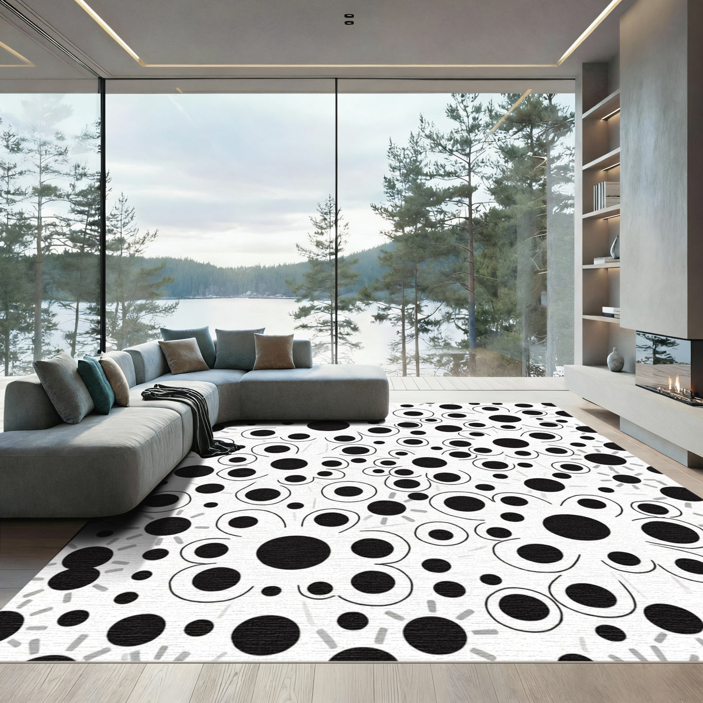 Abstract Black White Floral Scatter Rug