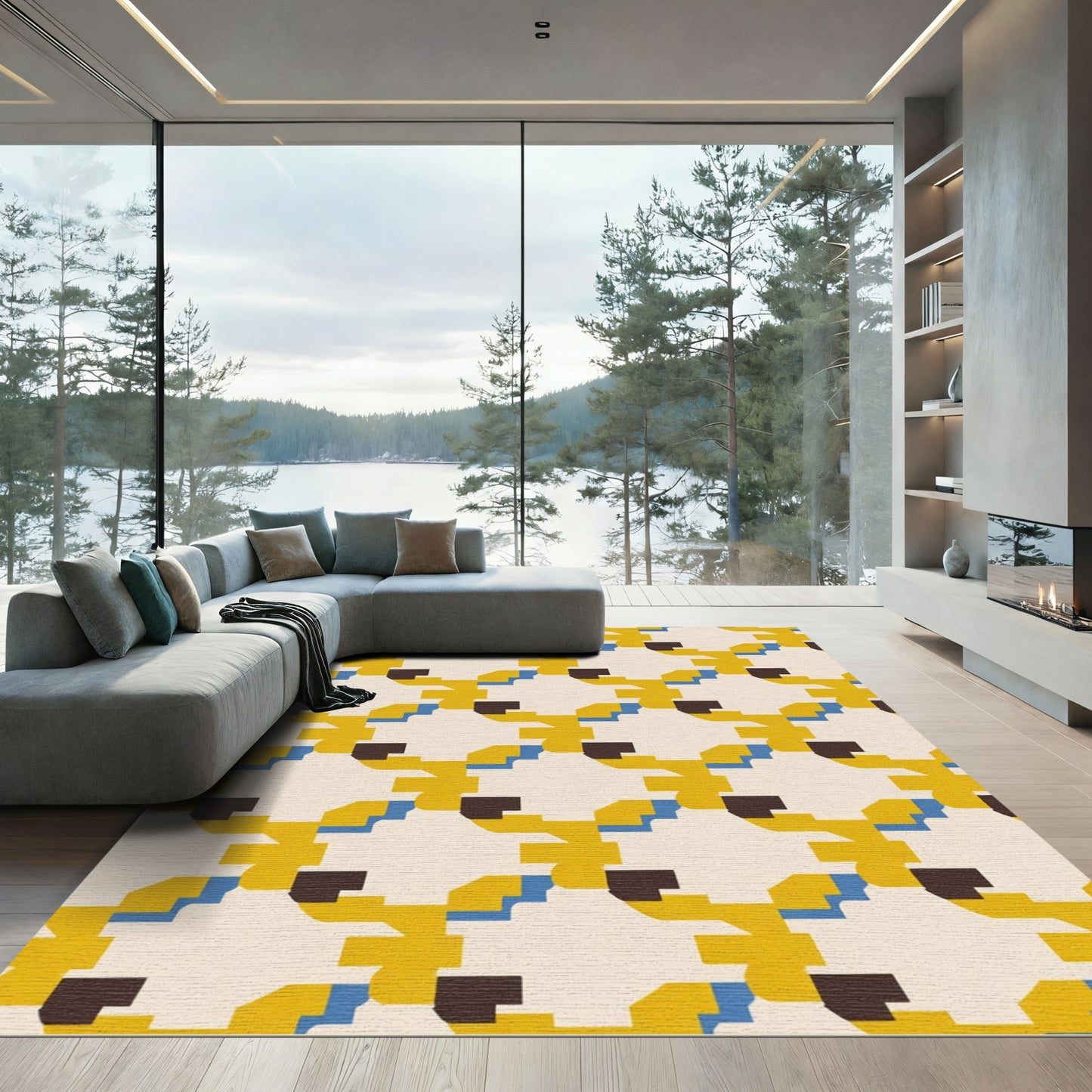 Yellow Blue Brown Geometric Overlay Rug