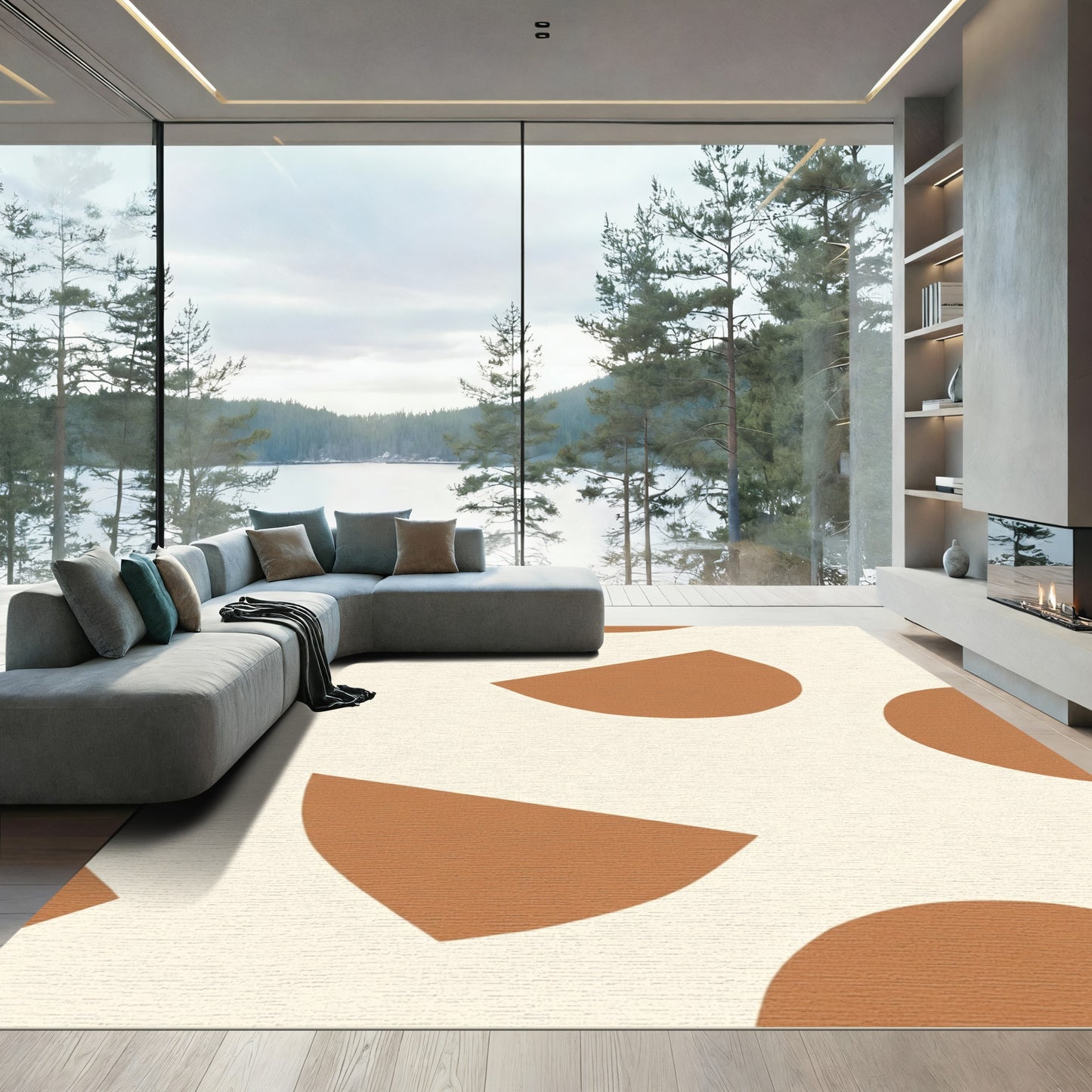 Terracotta Cream Abstract Halves Rug