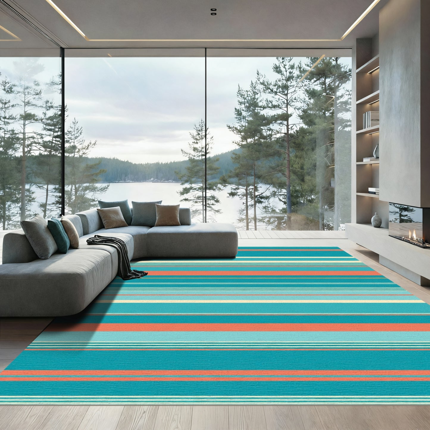 Teal Coral Cream Striped Horizon Rug