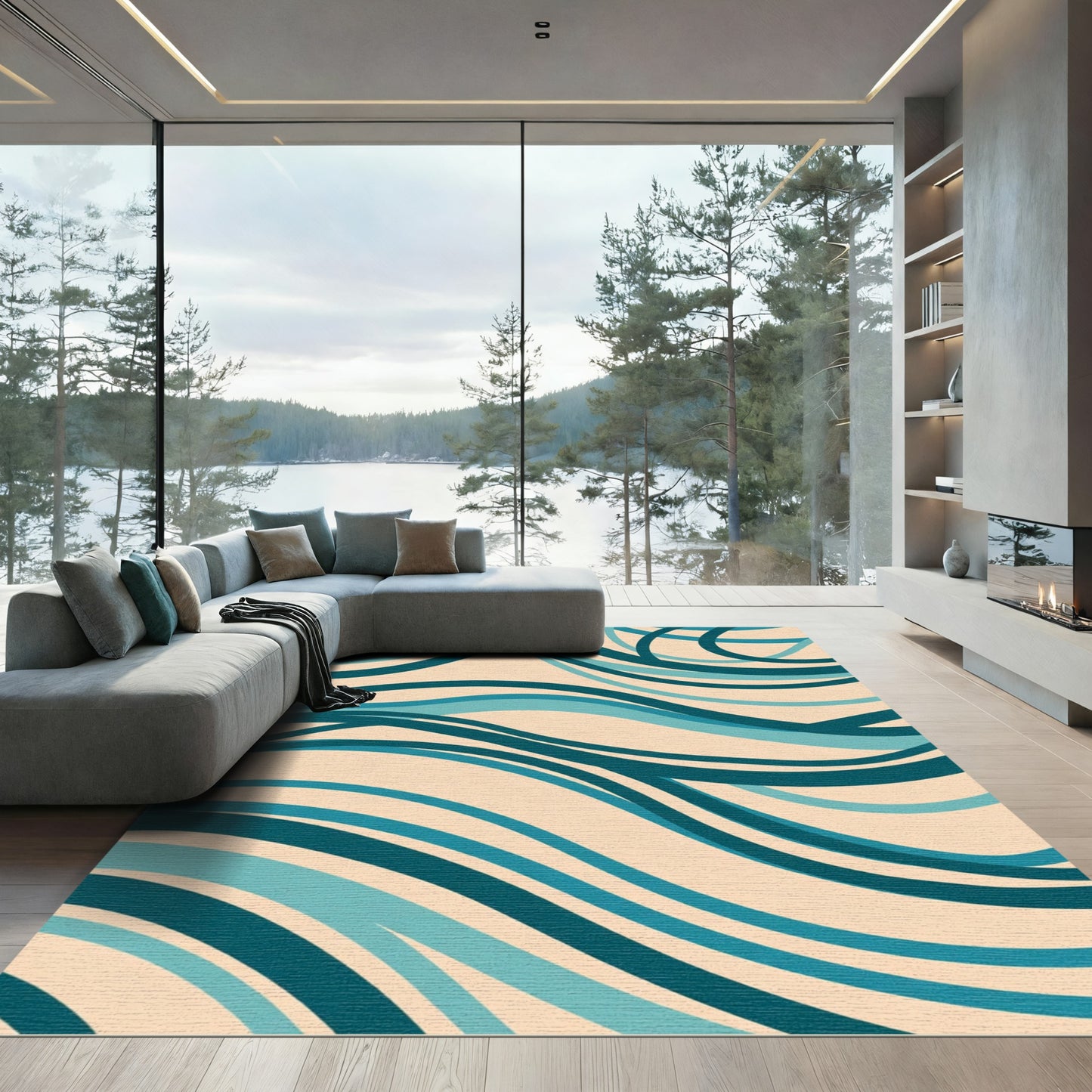 Teal Blue Flowing Wave Abstract Rug