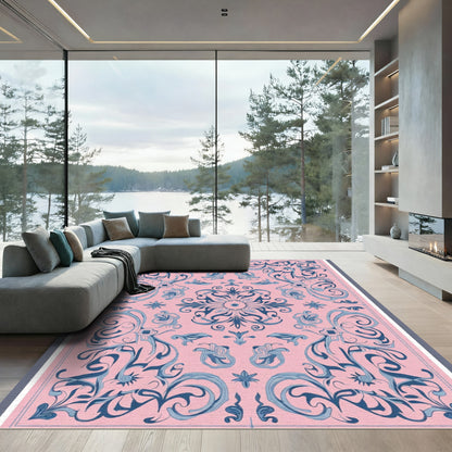 Pink Blue Floral Scroll Overlay Rug