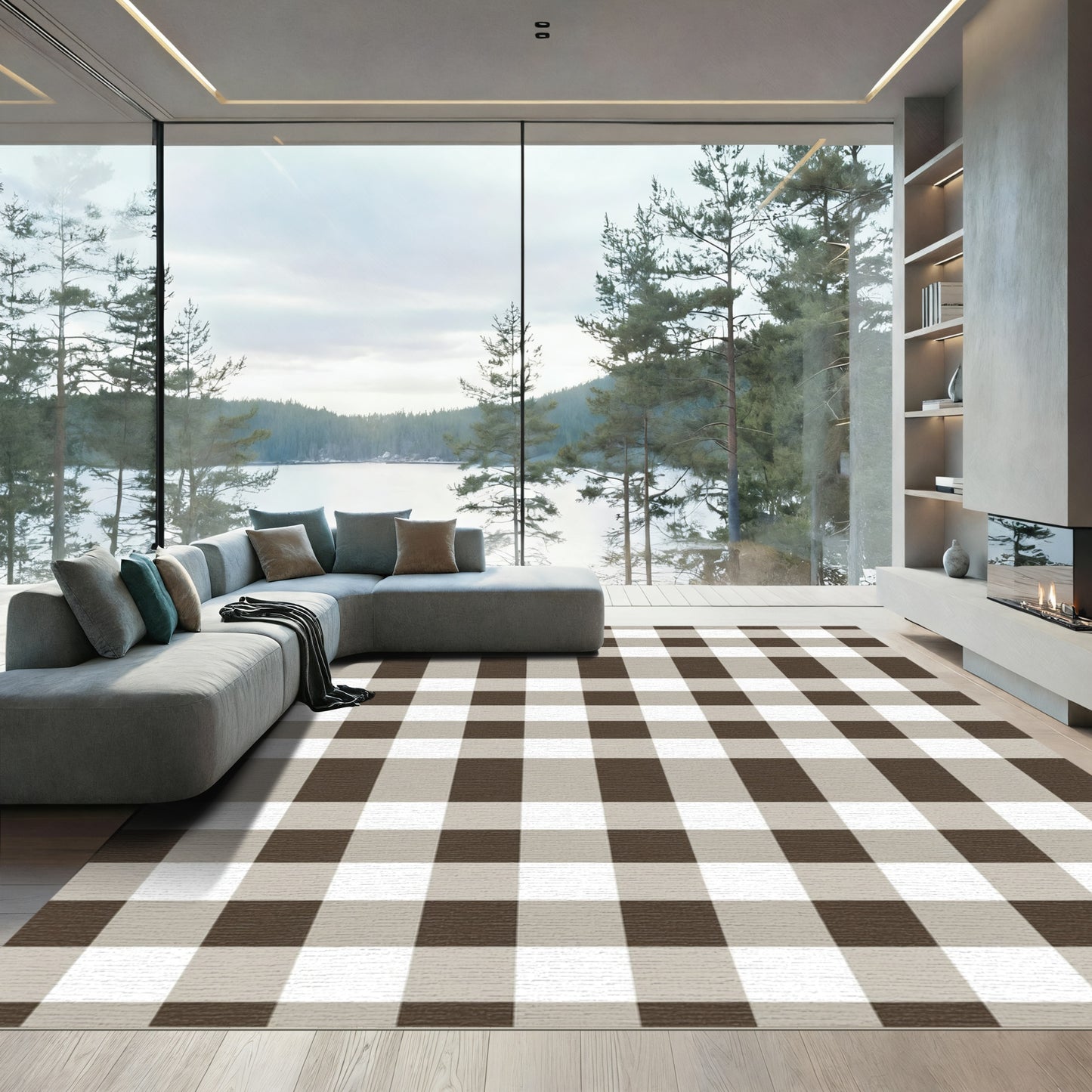 Brown White Gingham Checkered Rug