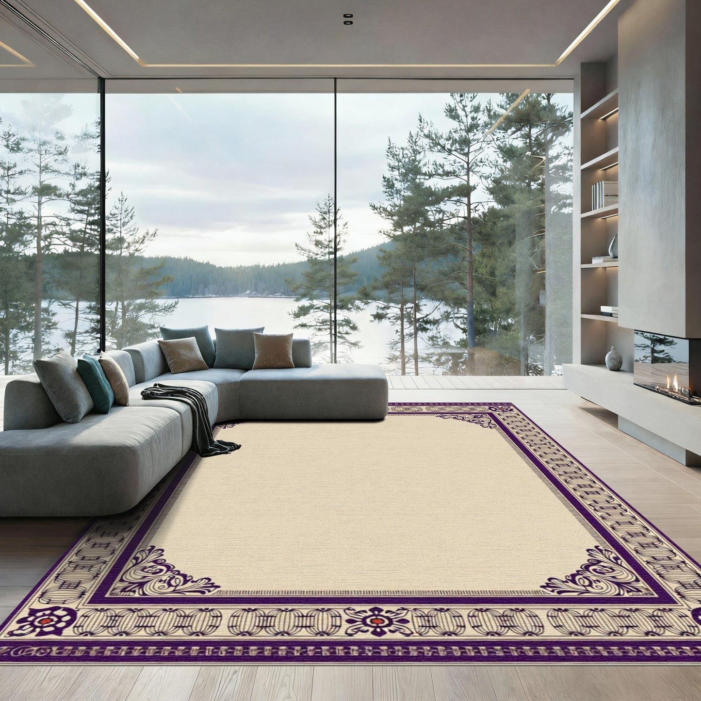 Deep Plum Ornate Floral Scroll Frame Rug