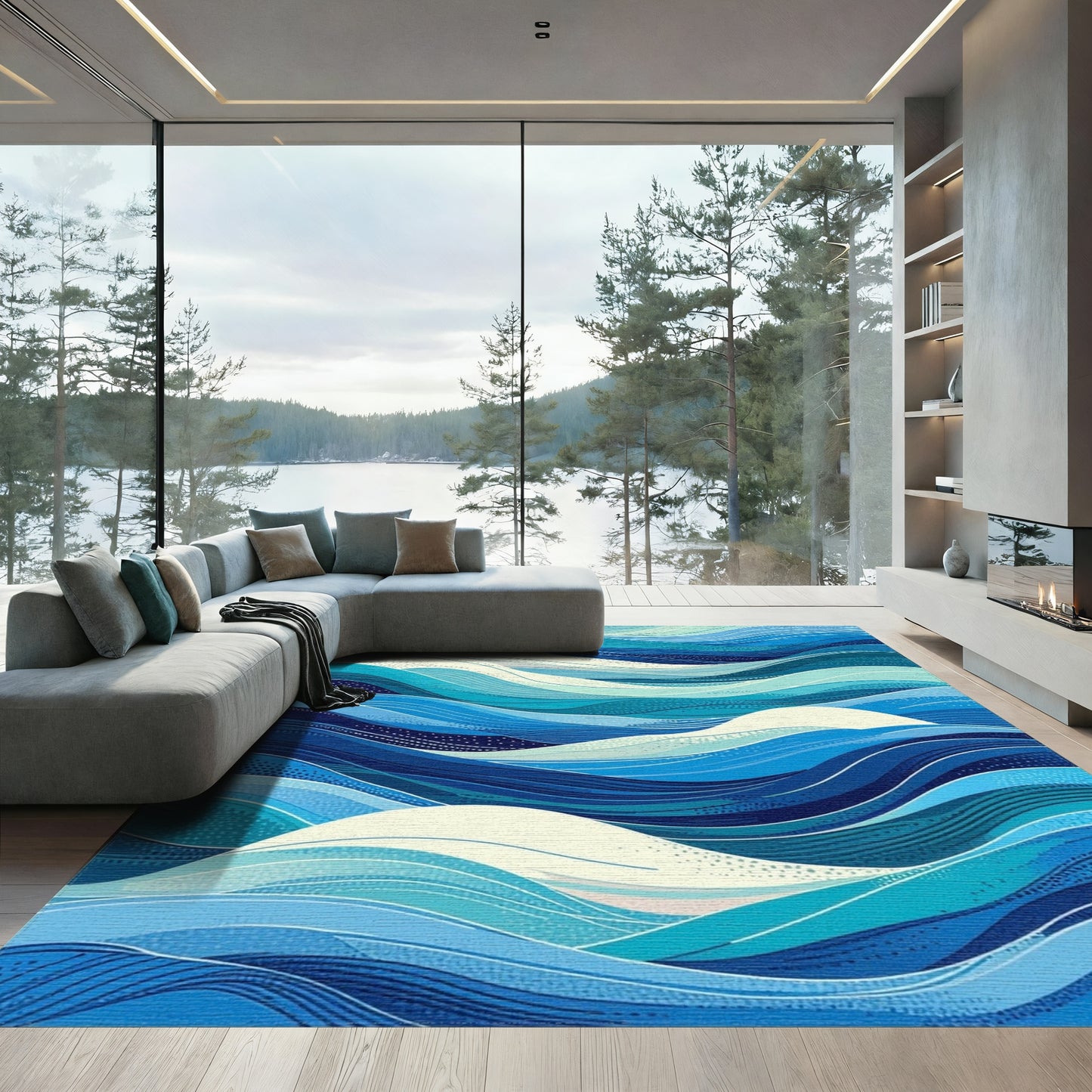 Blue Waves with White Foam Rug