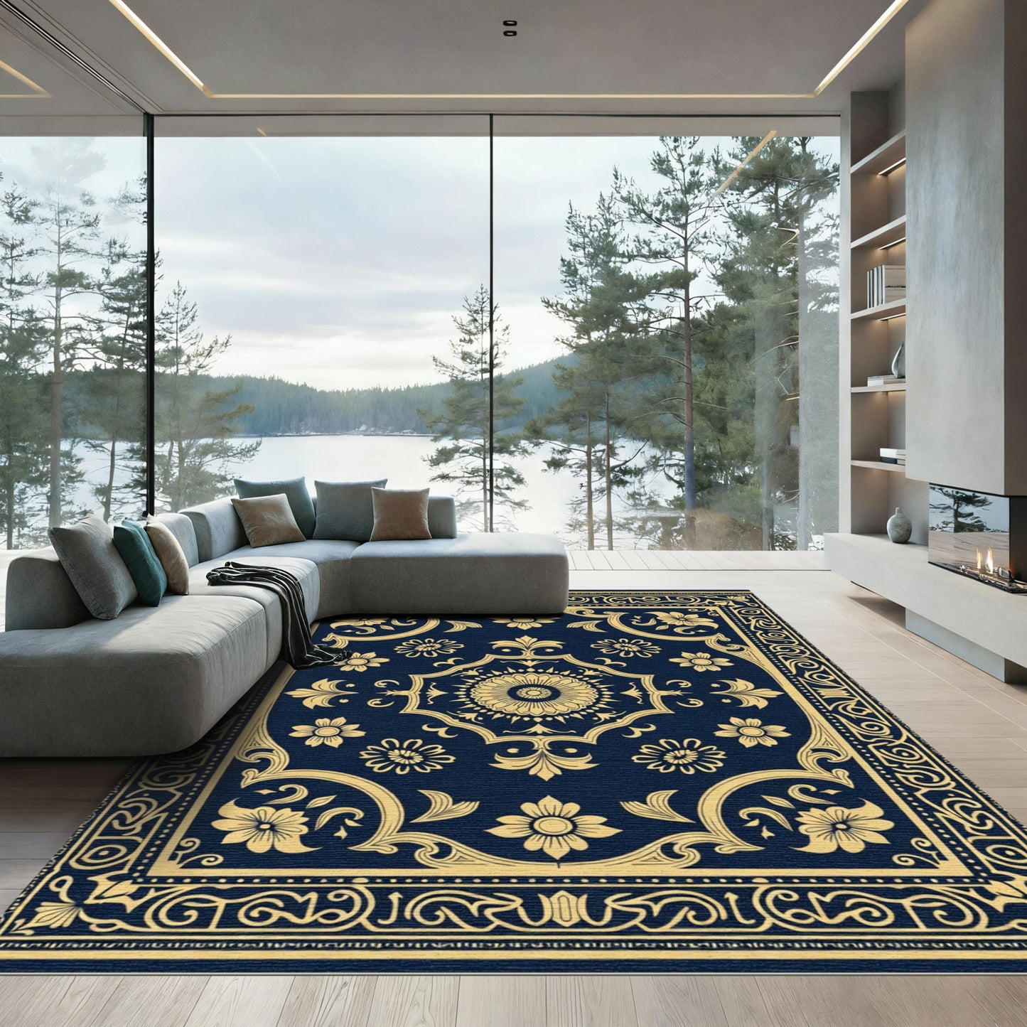 Navy Gold Floral Medallion Border Rug