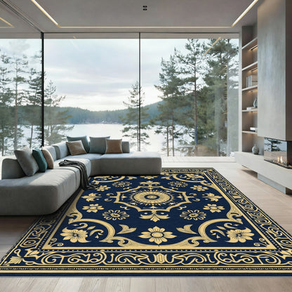 Navy Gold Floral Medallion Border Rug