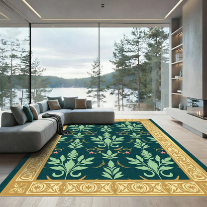 Teal Green Floral Scroll Border Rug