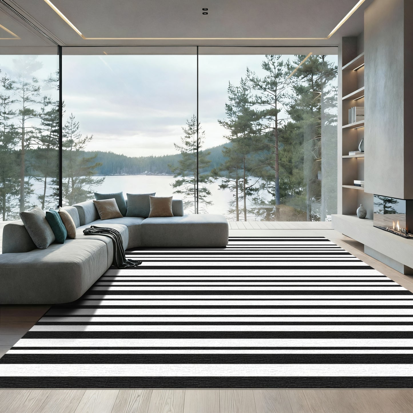Bold Black White Linear Contemporary Rug