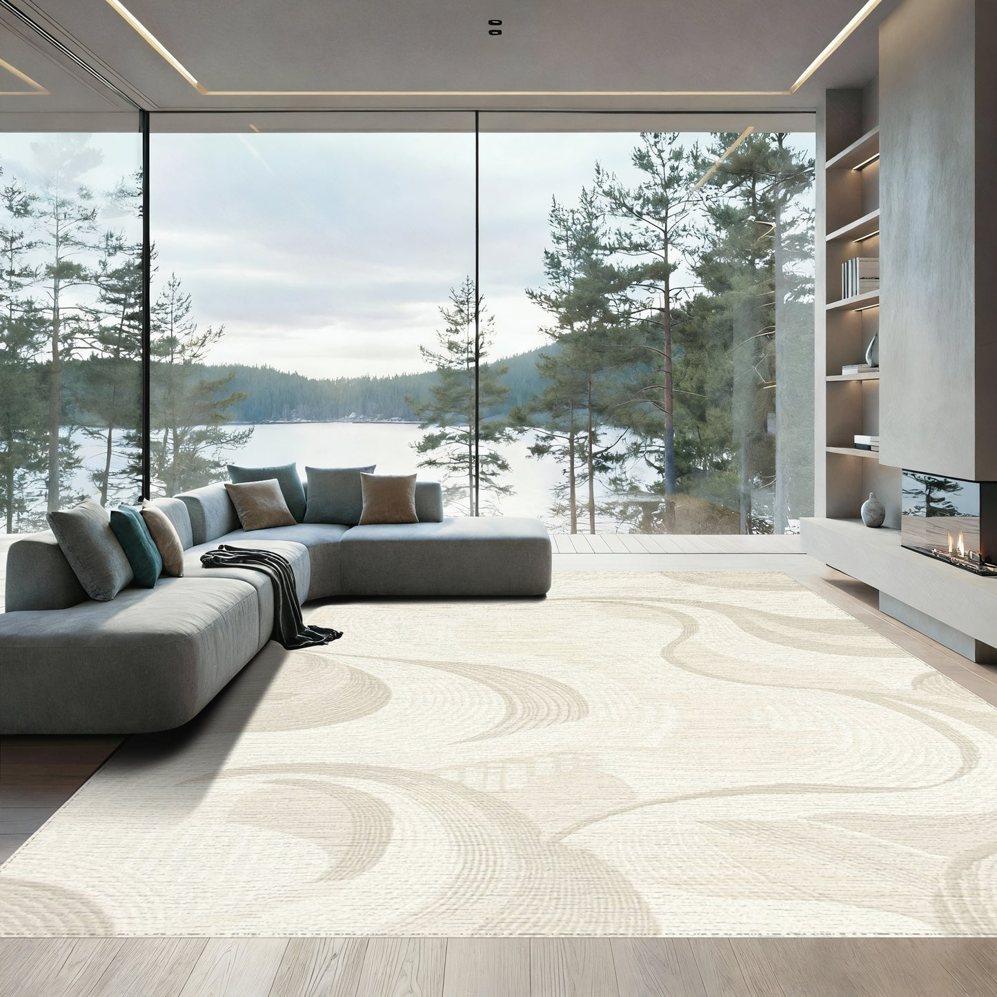 Cream Abstract Wave Swirl Rug