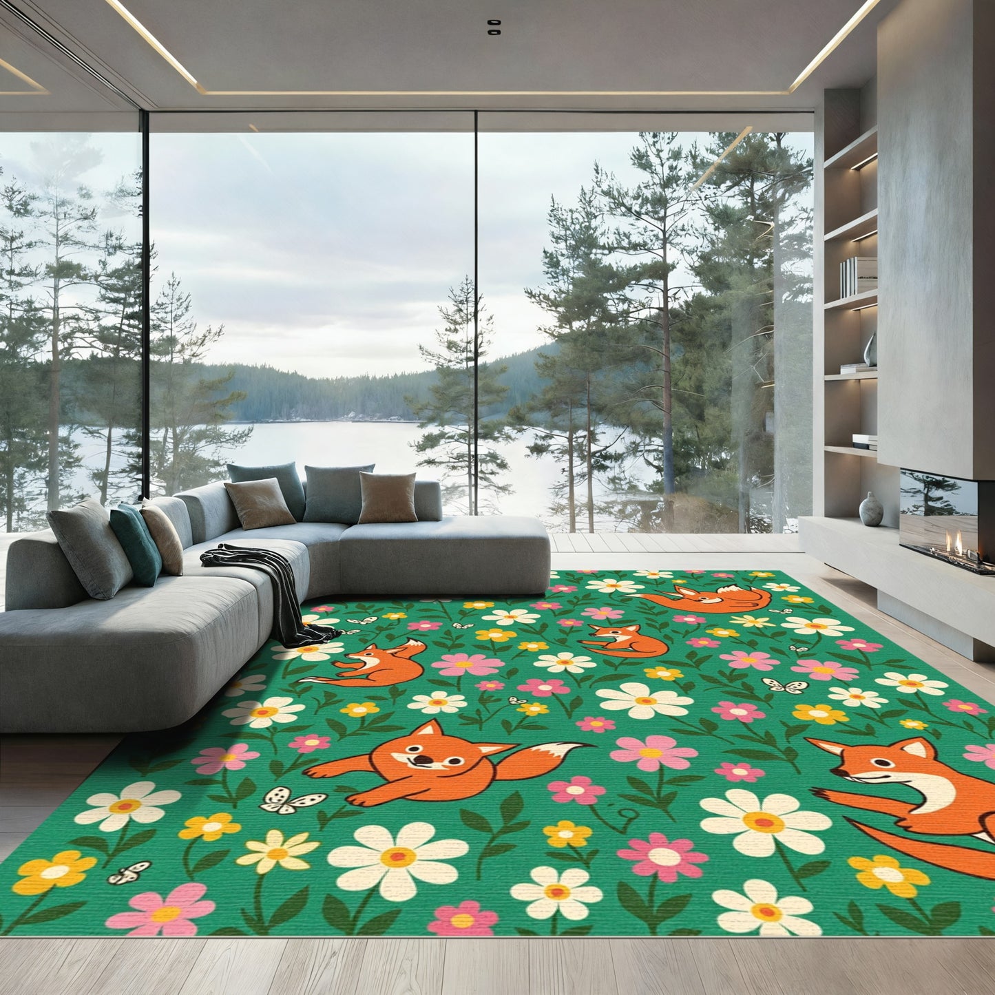 Whimsical Orange Foxes Floral Garden Rug