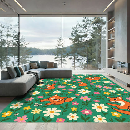 Whimsical Orange Foxes Floral Garden Rug