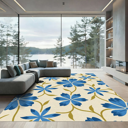 Bold Blue Floral Vine Cream Rug