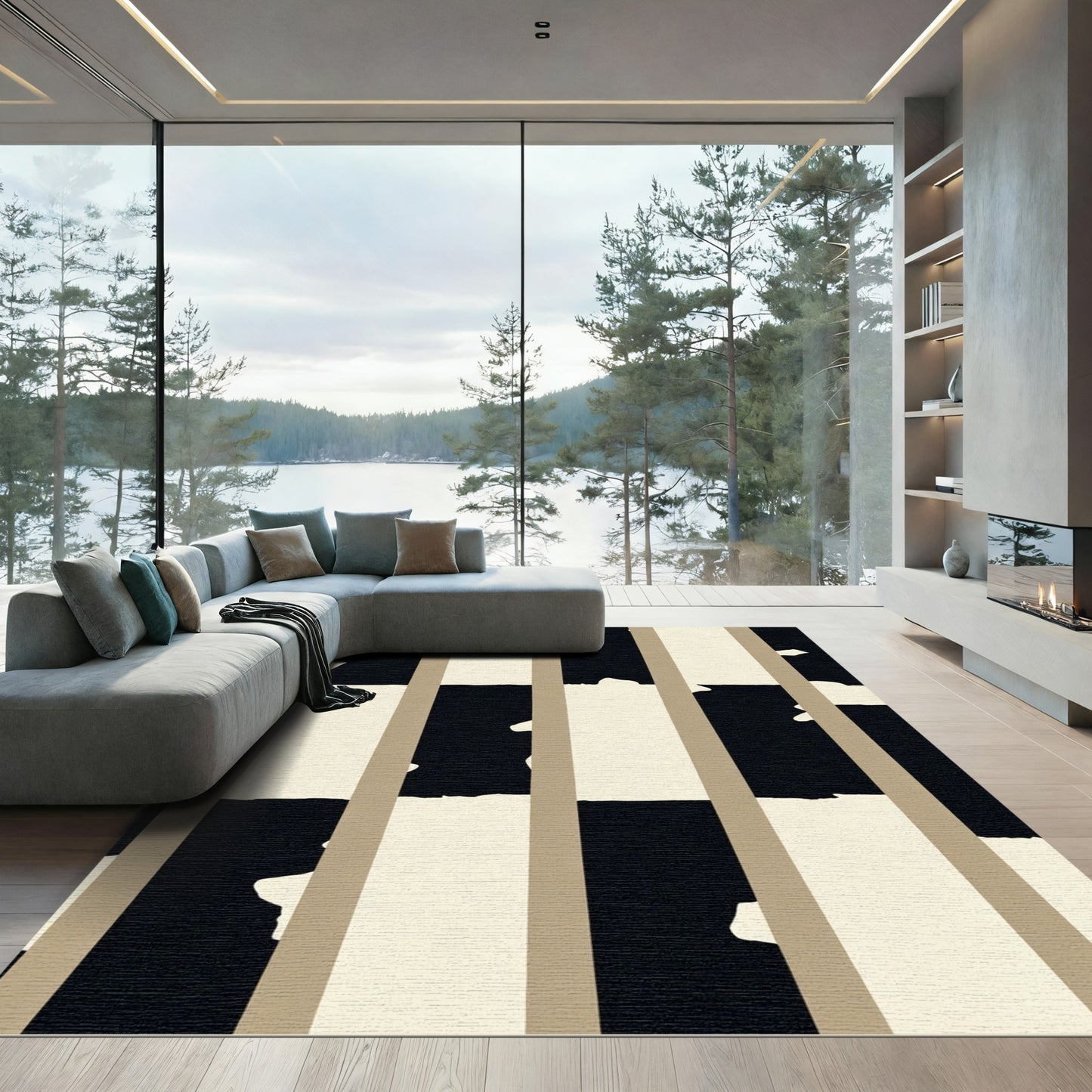 Black Cream Vertical Stripe Abstract Rug