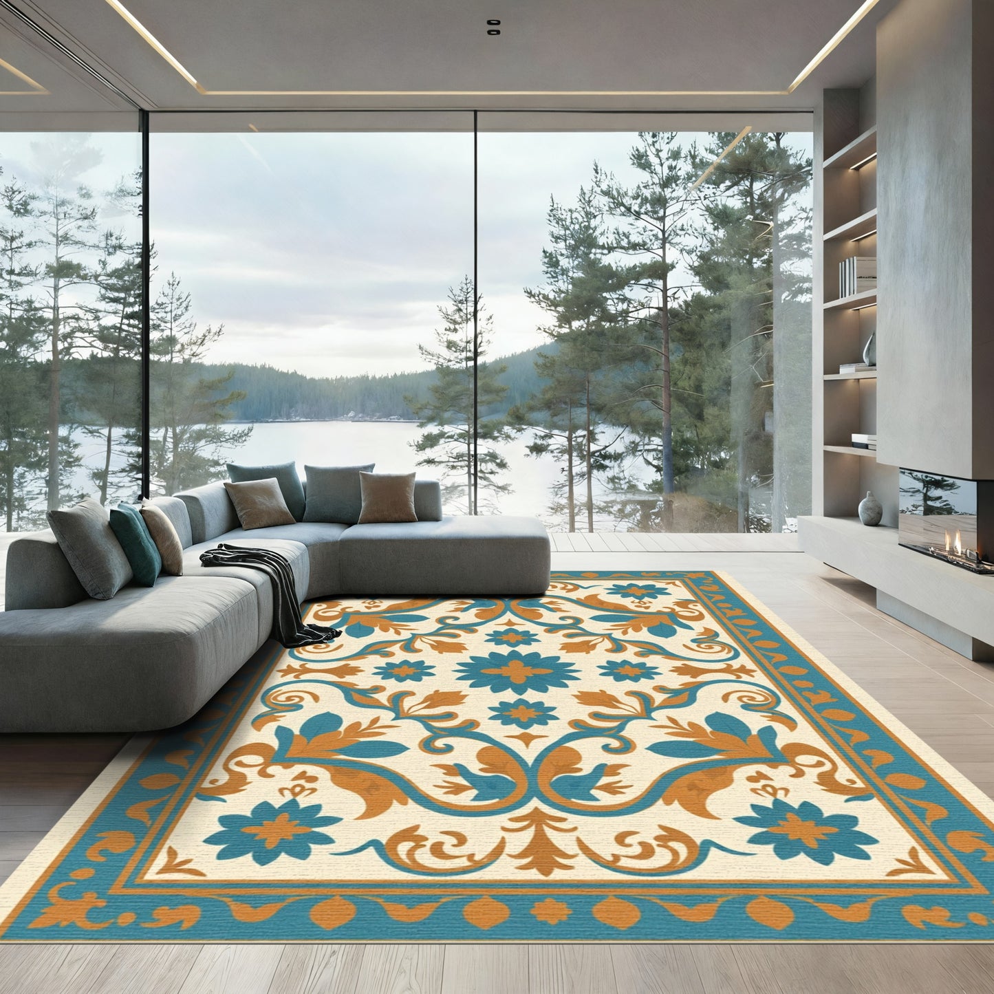 Aqua Orange Floral Medallion Scroll Rug