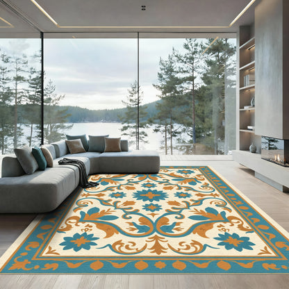 Aqua Orange Floral Medallion Scroll Rug