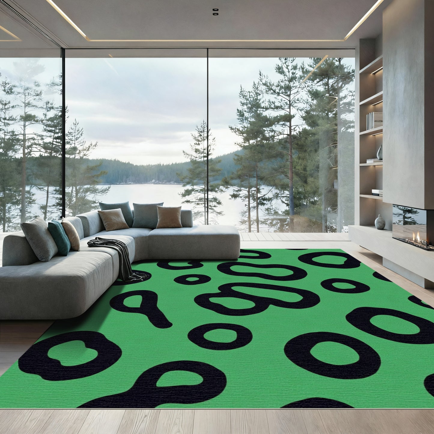 Bold Green Black Biomorphic Shapes Rug