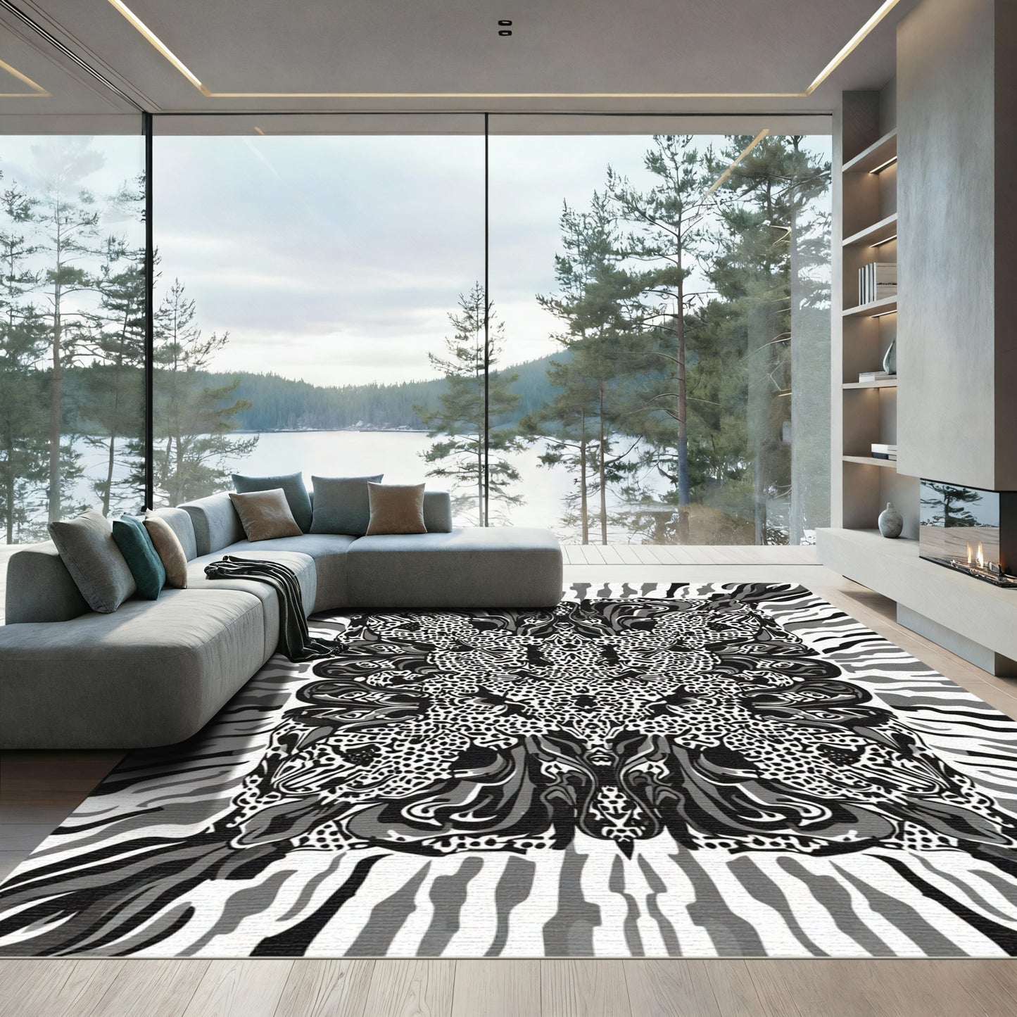 Black and White Animal Print Symmetry Rug