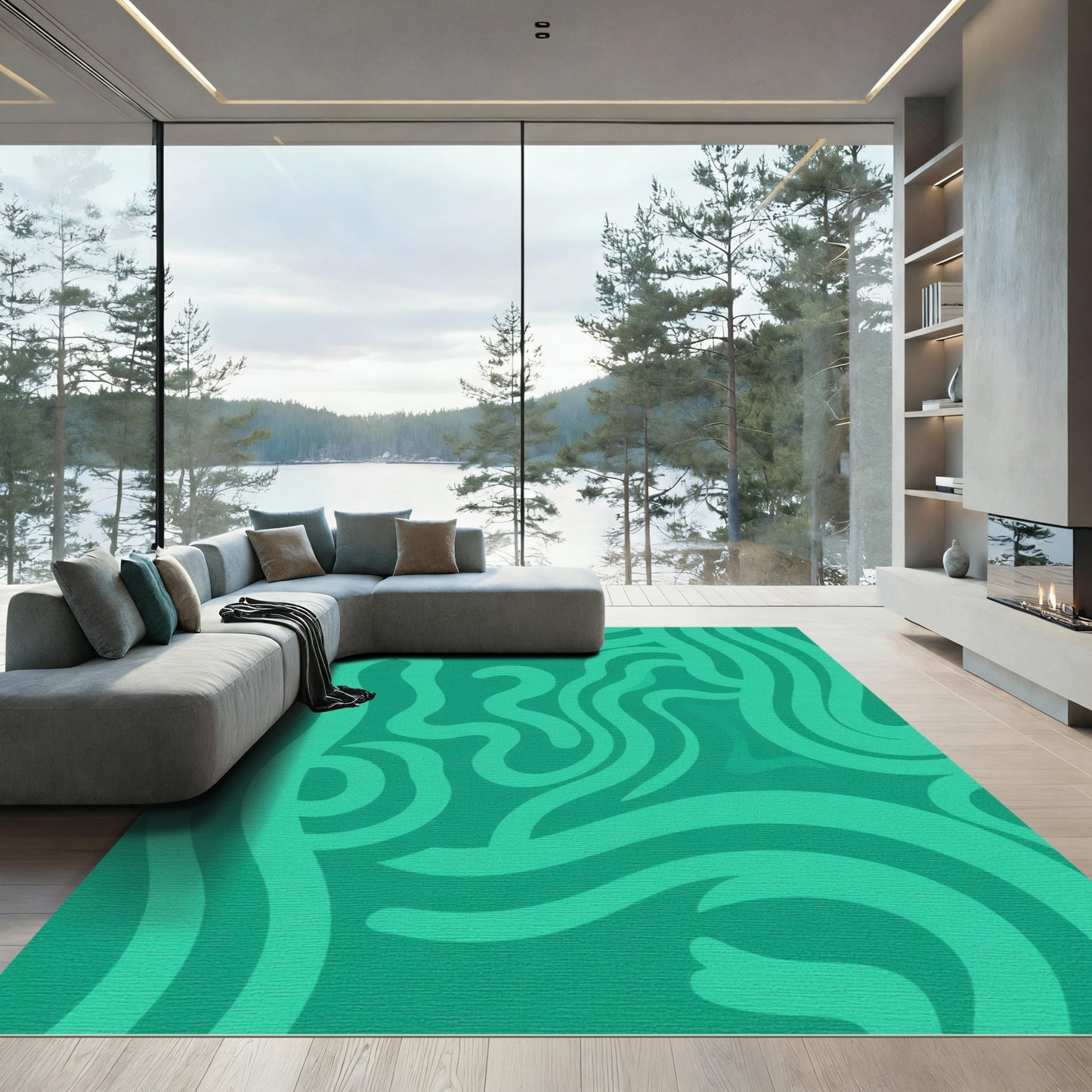 Teal Fluid Abstract Swirl Rug