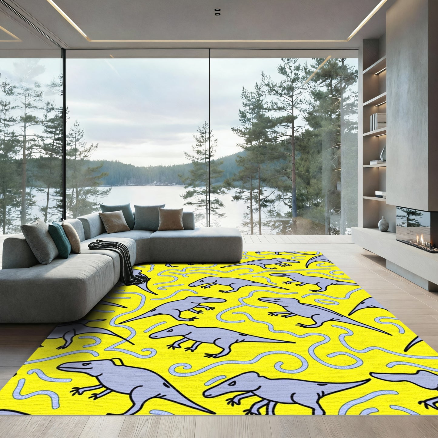 Playful Gray Dinosaur Yellow Swirl Rug