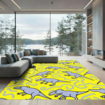 Playful Gray Dinosaur Yellow Swirl Rug