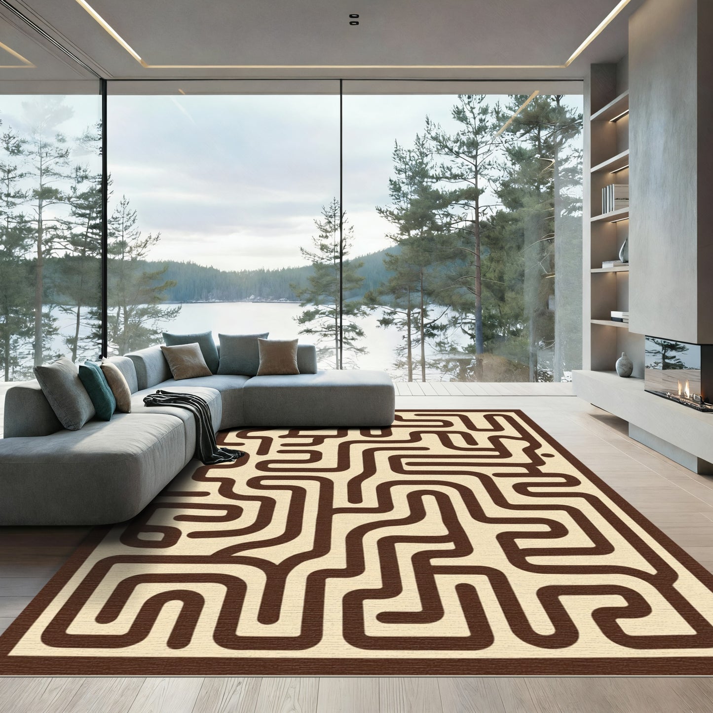 Brown Cream Abstract Maze Lines Rug