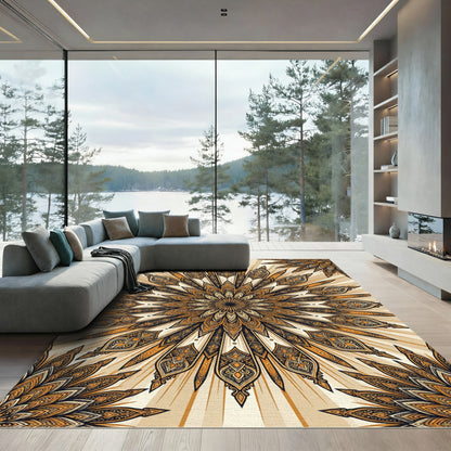 Golden Orange Intricate Sunburst Medallion Rug