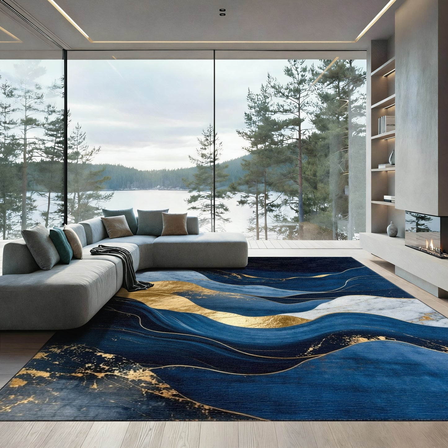 Navy Gold Layered Wave Rug