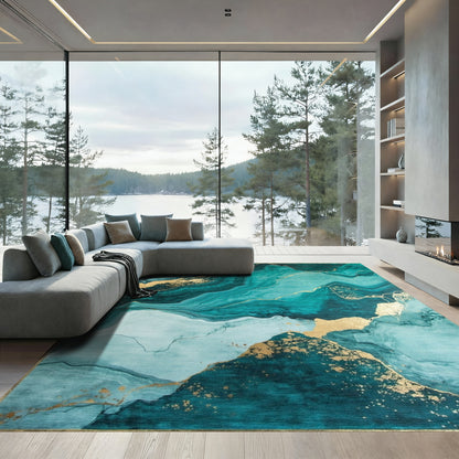 Teal Marble Gold Vein Rug