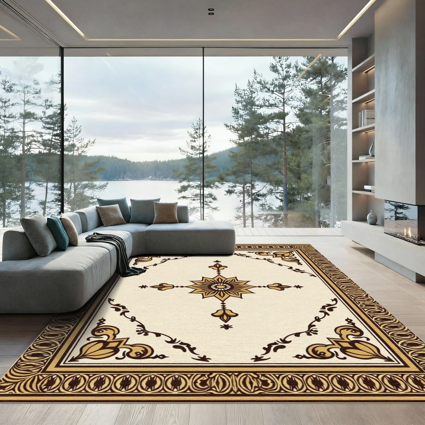 Ornate Golden Floral Medallion Border Rug