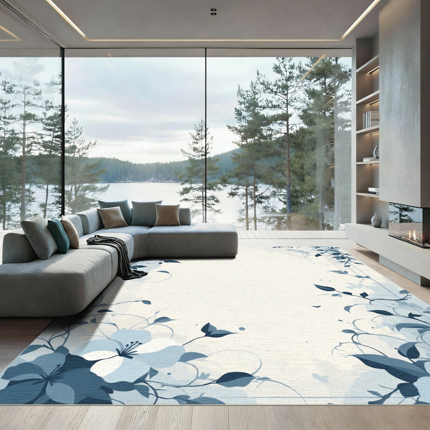 Light Blue Floral Vine Corner Rug