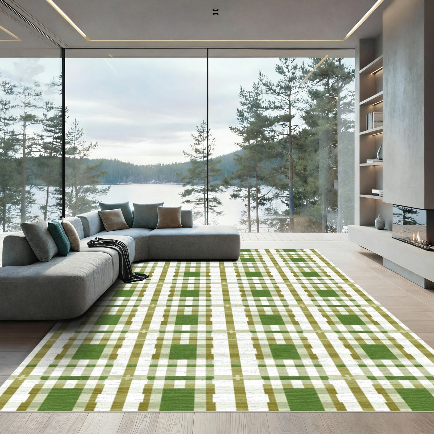 Green Brown White Checkered Plaid Rug
