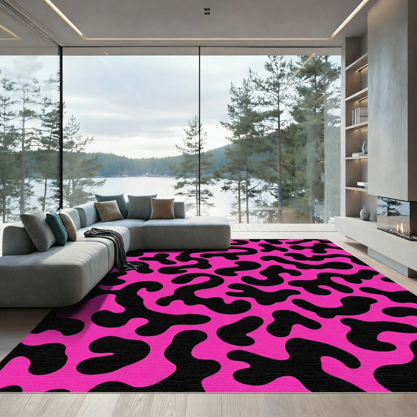 Vivid Pink Black Organic Blob Rug