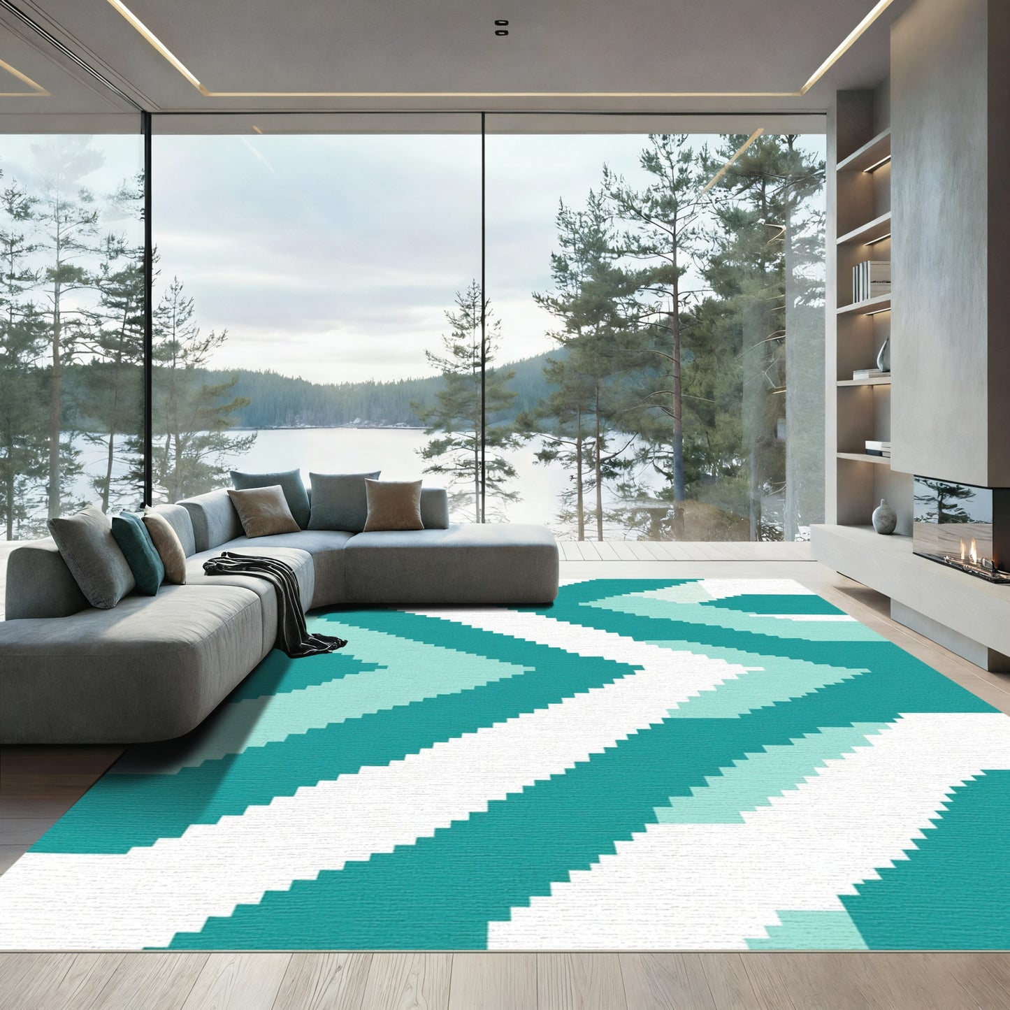 Coastal Teal Geometric Chevron Stripes Rug