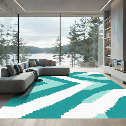 Coastal Teal Geometric Chevron Stripes Rug