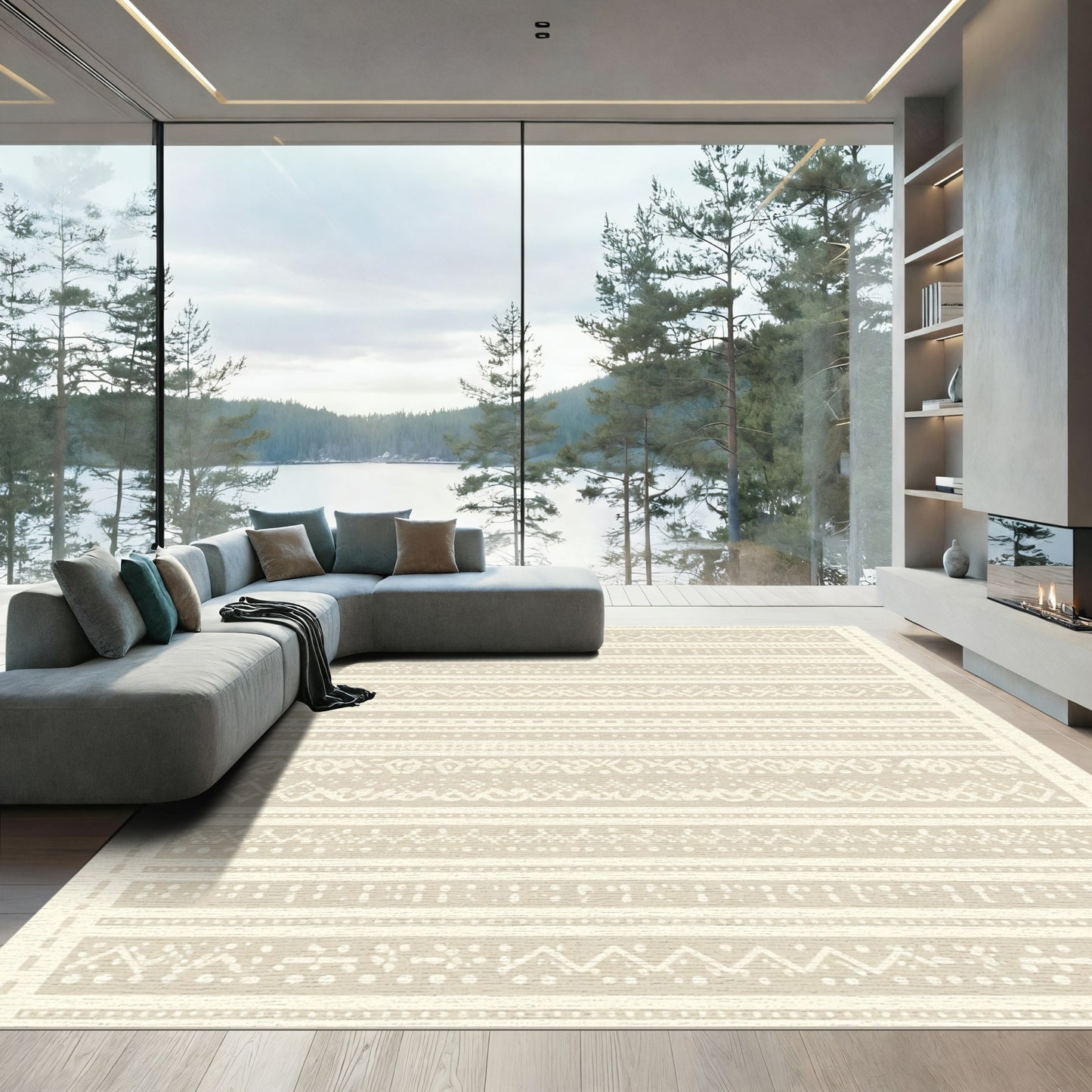 Beige Textured Geometric Stripe Rug