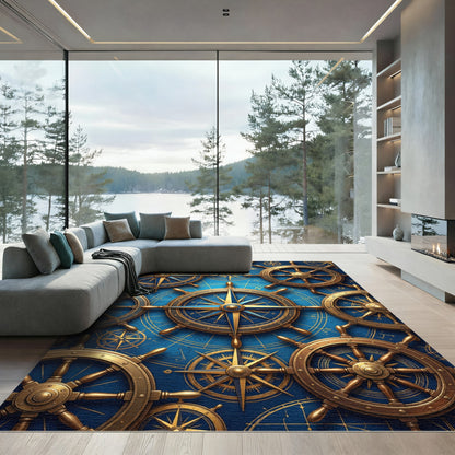 Golden Blue Nautical Compass Wheels Rug